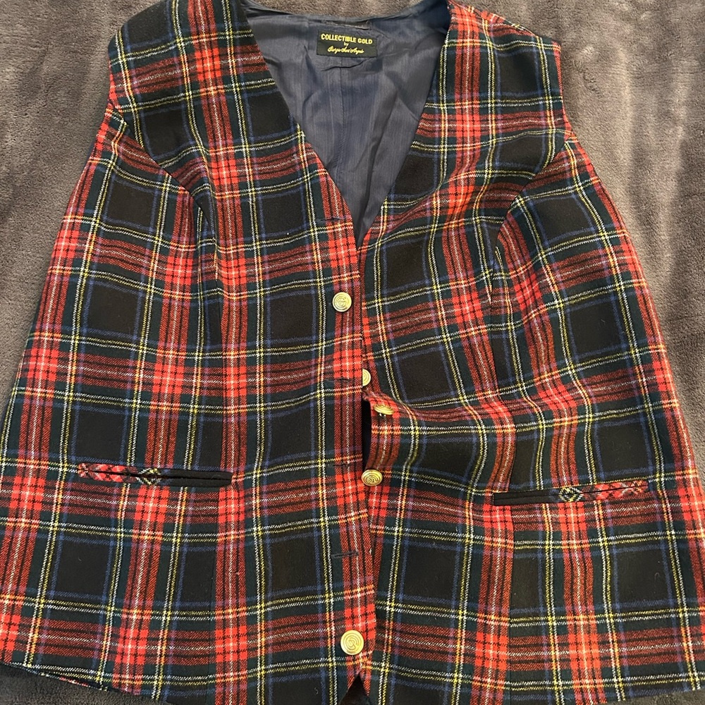 VINTAGE Plaid Tartan Vest with Gold Buttons